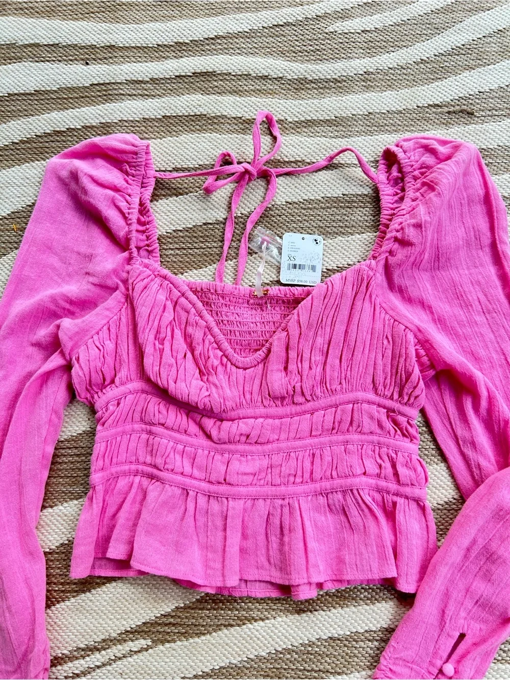 NWT Free People Chloe Top shade Aurora Longsleeve Pink Tie Back Blouse - Size XS